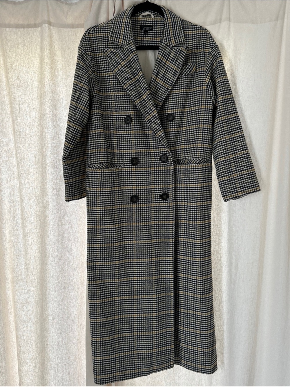 Topshop Double-Breasted Plaid Trench Coat in Black and Cream